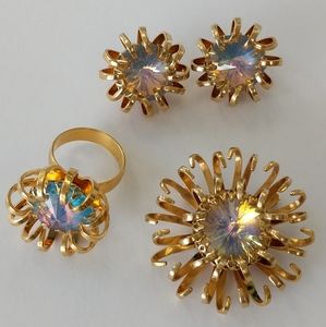 Pristine VTG ALL SIGNED Sarah Coventry Iridescent Crystals & Gold Tone Set